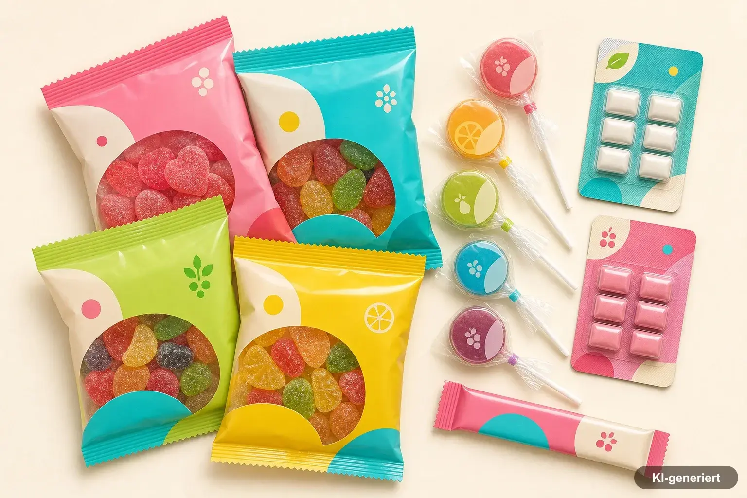 Verschlossene Fruchtgummi-Tüten, verpackte Lollis und Kaugummipackungen in bunten Herstellerverpackungen im Regal