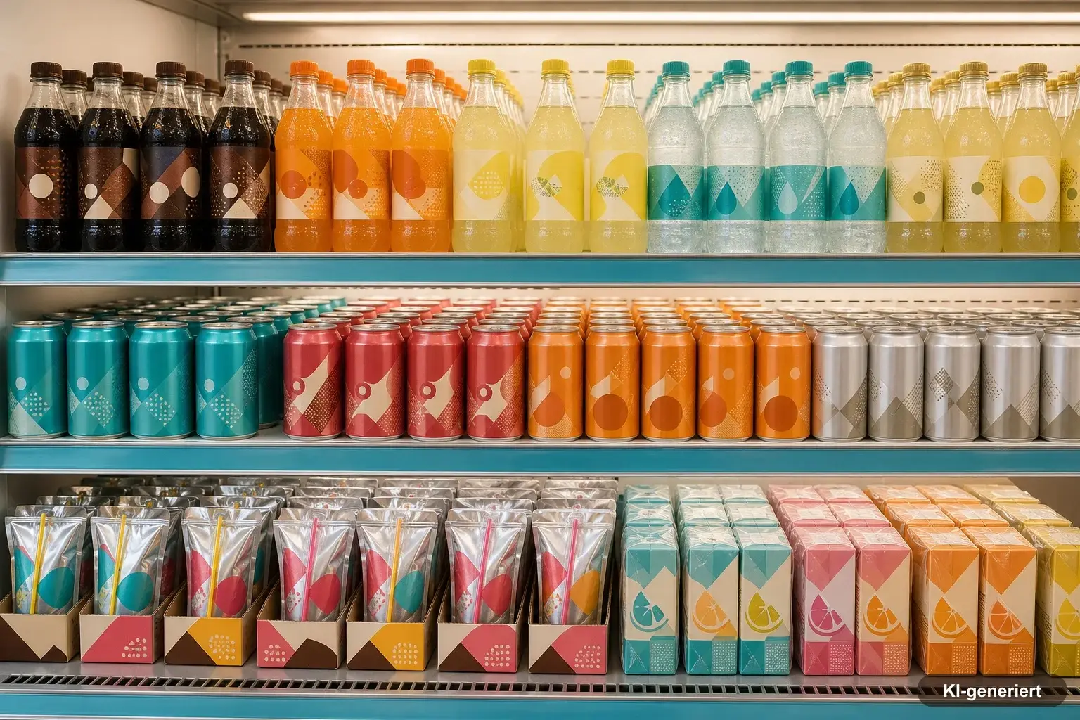 Regalreihe mit original verschlossenen Getränkeflaschen, Dosen und Trinkpäckchen verschiedener Marken