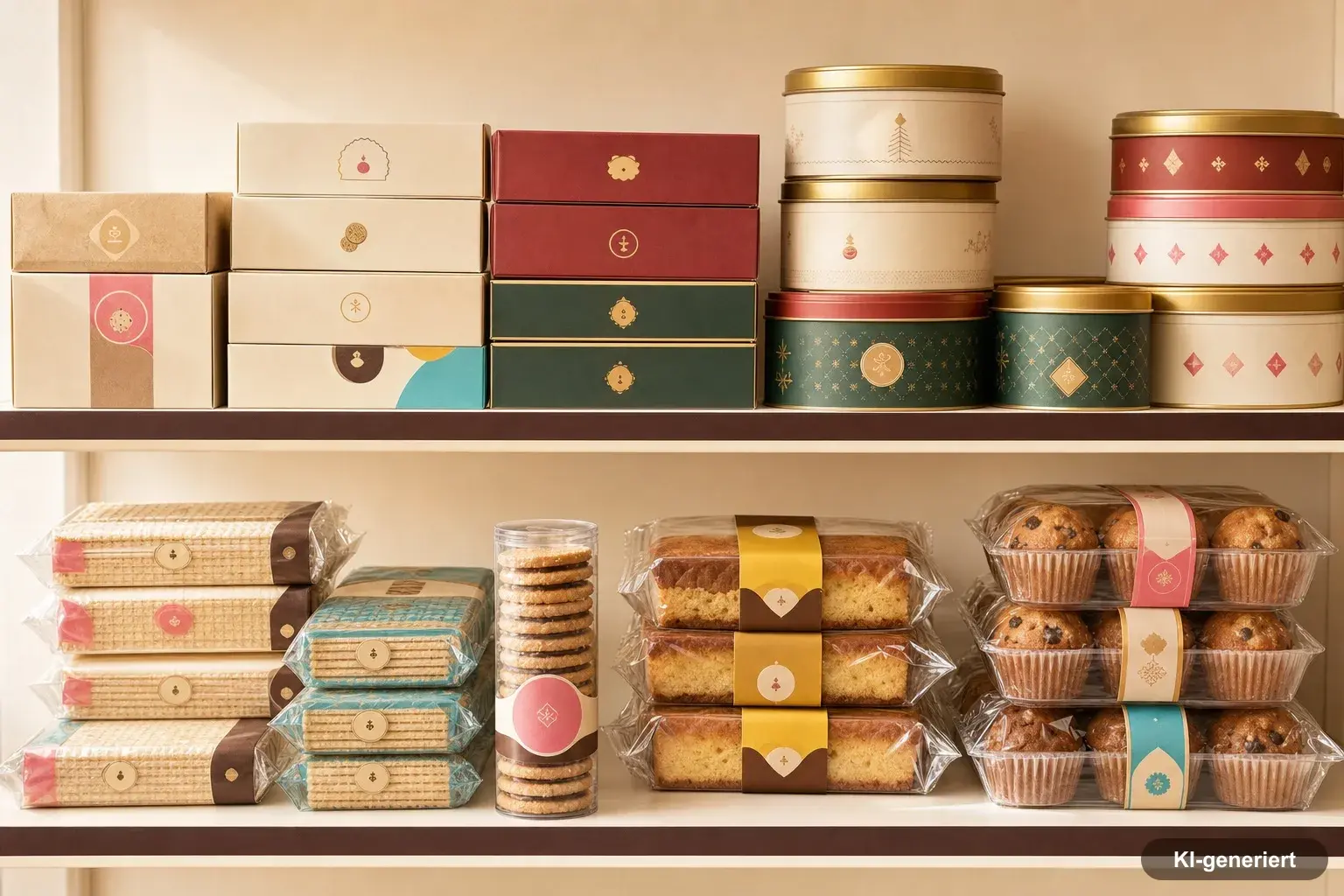Original verpackte Kekspackungen, Gebäckdosen und abgepackte Kuchen im Regal einer Süßwarenwelt-Filiale