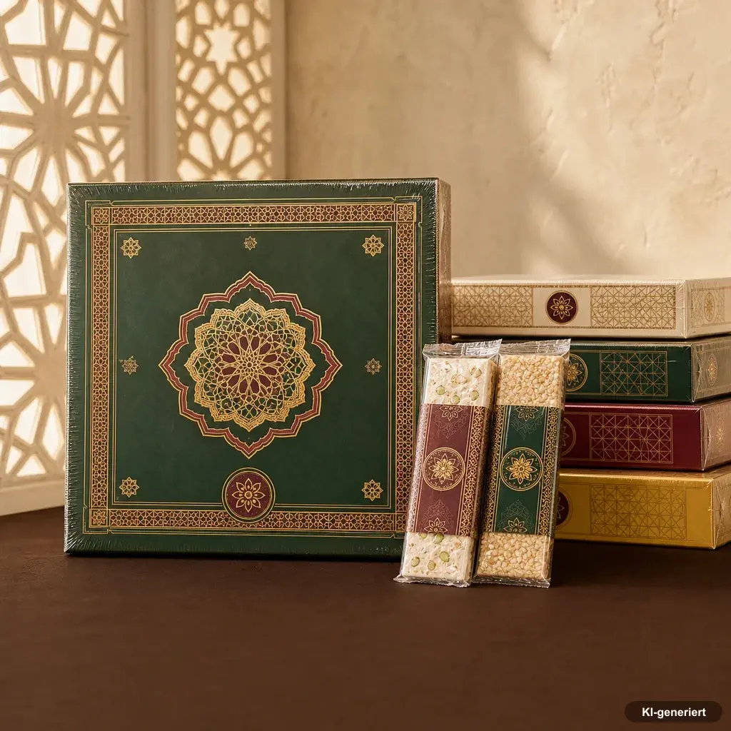 Original verpackte arabische Süßigkeiten in ihren Herstellerpackungen im Regal